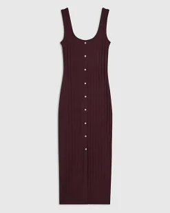 Red Wide Rib Button Front Midi Dress