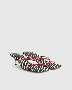 Red Zebra Skinny Strap Toe Thong Heels