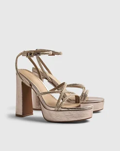 Rose Gold Diamante Platform Heeled Sandals