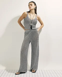 Silver Metallic Knit Wide Leg Trousers