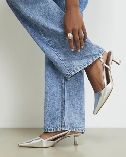 Silver Slingback Low Court Heels