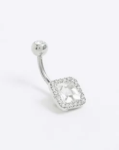 Silver Square Diamante Belly Bar