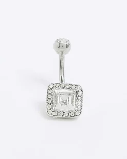 Silver Square Diamante Belly Bar