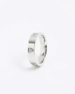 Silver Stainless Steel Diamante Ring