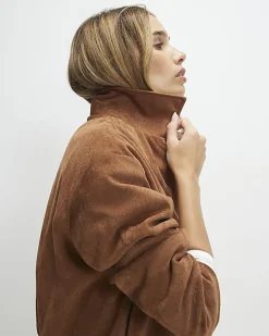 Tan Faux Suede Bubble Hem Bomber Jacket