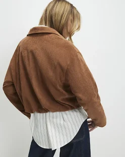 Tan Faux Suede Bubble Hem Bomber Jacket