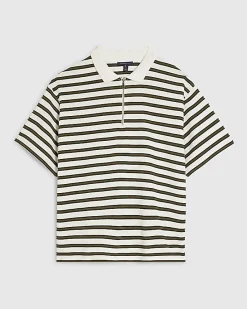 White Boxy Stripe Zip Neck Polo Shirt