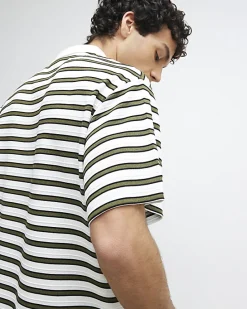 White Boxy Stripe Zip Neck Polo Shirt
