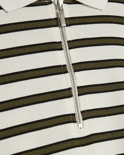 White Boxy Stripe Zip Neck Polo Shirt