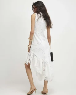 White Broderie Ruffle Hem Midi Dress