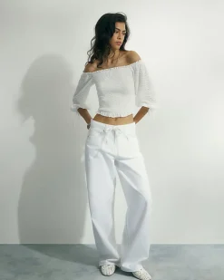 White Broderie Shirred Bardot Top