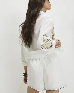 White Cotton Embroidered Palm Print Shorts