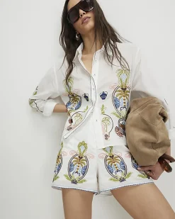 White Cotton Embroidered Palm Print Shorts