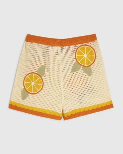 White Crochet Knit Orange Patch Shorts