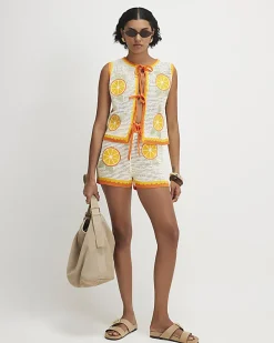 White Crochet Knit Orange Patch Shorts