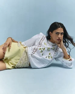 White Daisy Floral Embroidered Frill Blouse