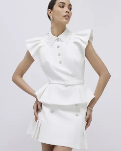 White Diamante Pleated Mini Skirt