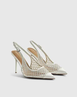 White Diamante Vinyl Slingback Court Heels