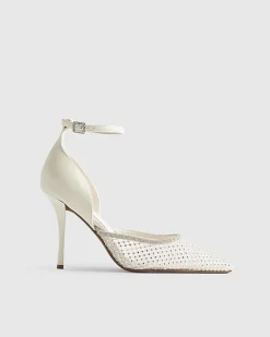 White Embellished Mesh Court Heels