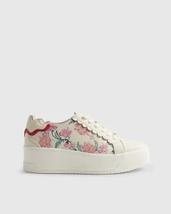 White Floral Print Platform Trainers