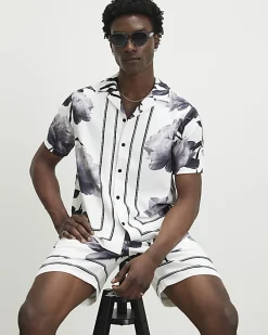 White Floral Print Shirt & Short Set