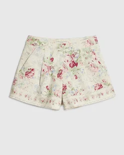 White Floral Printed Cotton Shorts