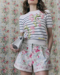 White Floral Printed Cotton Shorts