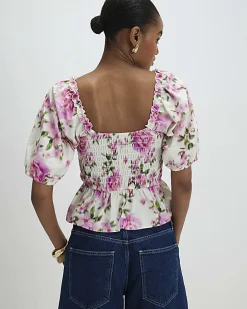 White Floral Puff Sleeve Shirred Top