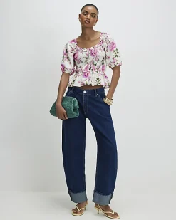 White Floral Puff Sleeve Shirred Top