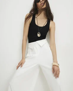 White Foldover Waistband Wide Leg Trousers