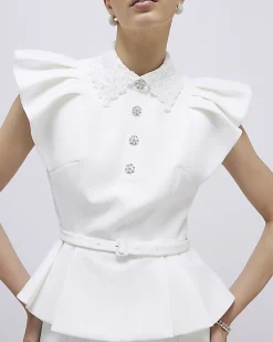 White Frill Sleeve Diamante Peplum Top