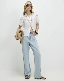 White Lace Detail Short Sleeve Blouse