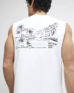 White Landscape Tank Top And Shorts Set