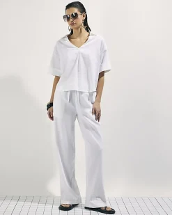 White Linen Blend Drawstring Tapered Trousers