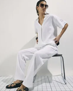 White Linen Blend Drawstring Tapered Trousers