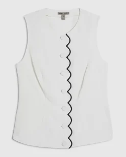 White Linen Blend Scallop Trim Waistcoat
