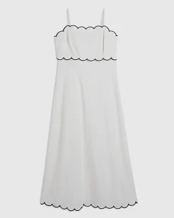 White Linen Blend Scallop Trim Midi Dress
