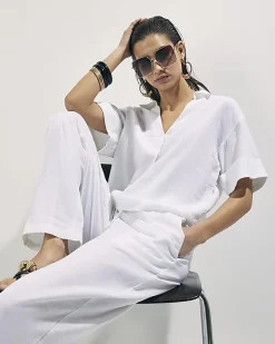 White Linen Blend Short Sleeve Shirt