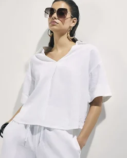 White Linen Blend Short Sleeve Shirt