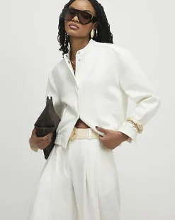 White Linen Blend Tailored Bomber Jacket