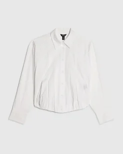 White Long Sleeve Bubble Hem Poplin Shirt
