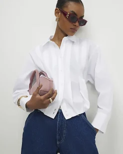 White Long Sleeve Bubble Hem Poplin Shirt