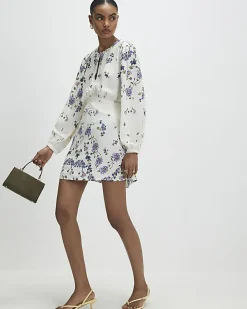 White Long Sleeve Floral Mini Dress