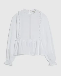 White Long Sleeve Frill Trim Smock Jersey Top
