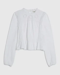 White Long Sleeve Jersey Floral Broderie Top