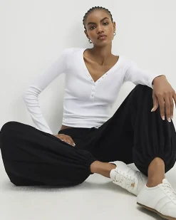 White Long Sleeve Popper Ribbed Top