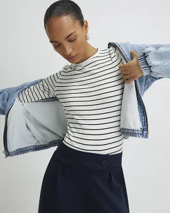 White Long Sleeve Ribbed Crew Neck Stripe Top