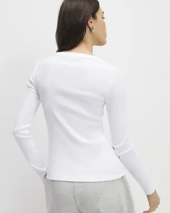 White Long Sleeve Ribbed Popper Top