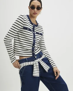 White Long Sleeve Striped Denim Mix Cardigan