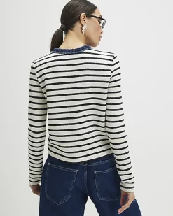 White Long Sleeve Striped Denim Mix Cardigan